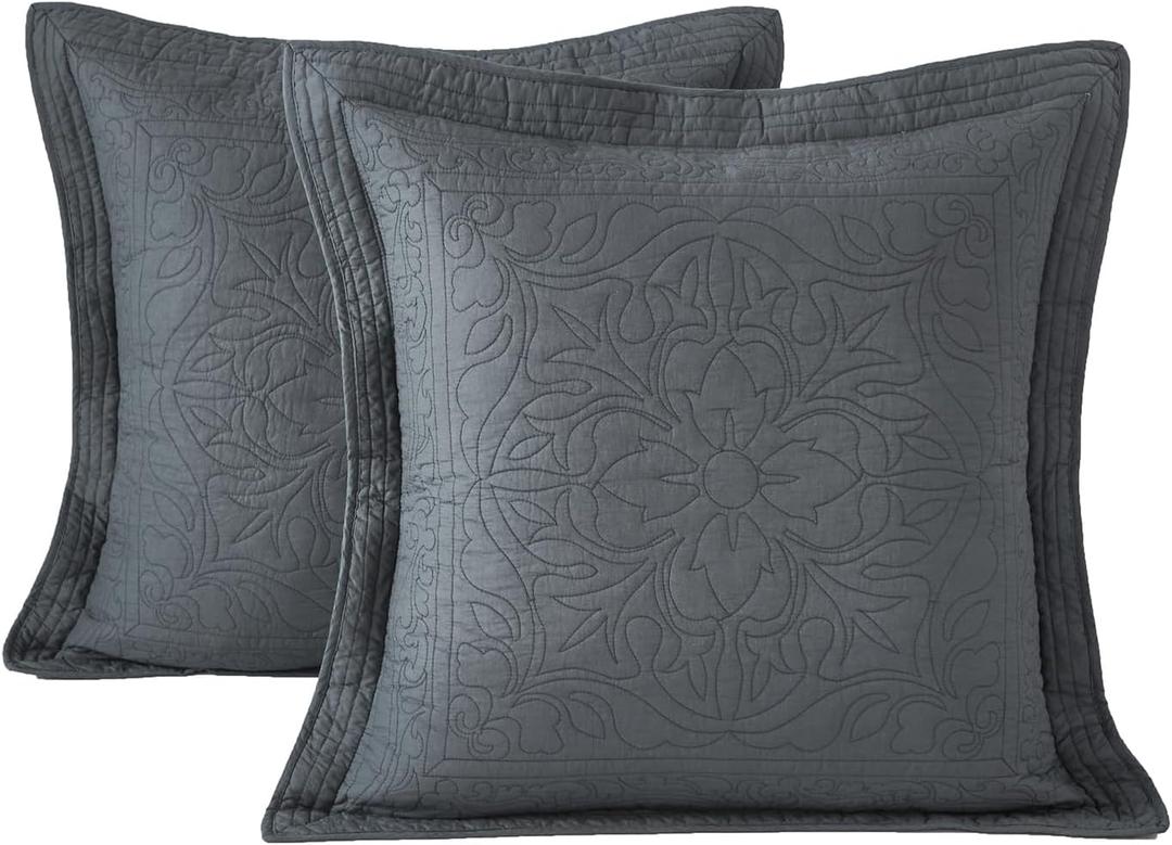 WINLIFE 100% Cotton Quilted Euro Sham Covers, 2 Pack Cotton 26'' x 26'' Pillow Covers, Soft and Breathable Euro Shams, Square Pillow Shams, Dark Grey