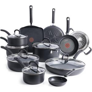 T-Fal Ultimate Hard Anodized Nonstick Cookware Set 17 Piece, Nonstick Pots and Pans Set with Fry Pan, Saucepans, Saute-Pan, Griddle, Dishwasher Safe, Black