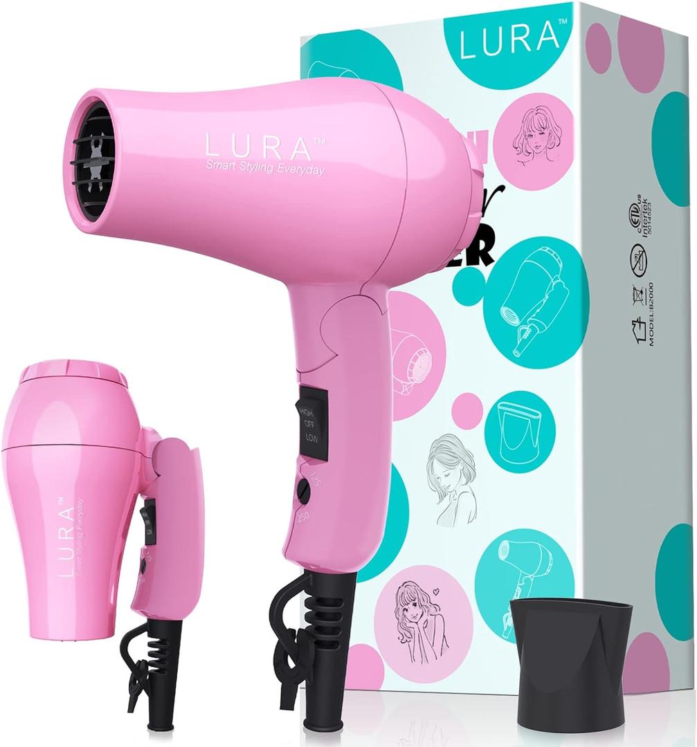 Portable Travel Hair Dryer,Mini Lightweight Dual Voltage Blow Dryer 1200W with Folding Handle,Blowdryer with One Concentrator