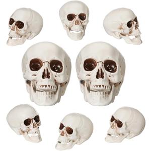 8 Pcs Skull Heads Halloween Decor Include Life Size Skeleton and Small Plastic Skulls with Moveable Chins for Halloween Party Props Table Graveyard Outdoor Home Decor Gift (4.9''&2.9'')