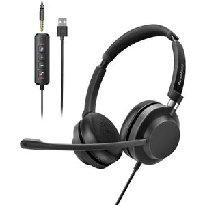USB Headset with Microphone for PC, Wired Computer Headset with Mic Noise Cancelling On-Ear Headphones for Laptop/Mac, Home Office, Call Centers, Skype, Zoom & Teams