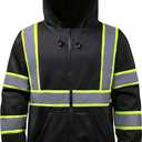 High Visibility Hoodie for Men,Class3 Hi Vis Hoodie with Zipper,Reflective Hooded Hood,Construction work Safety Sweatshirt with Large Front Pocket for Men/Women BLACK,6XL