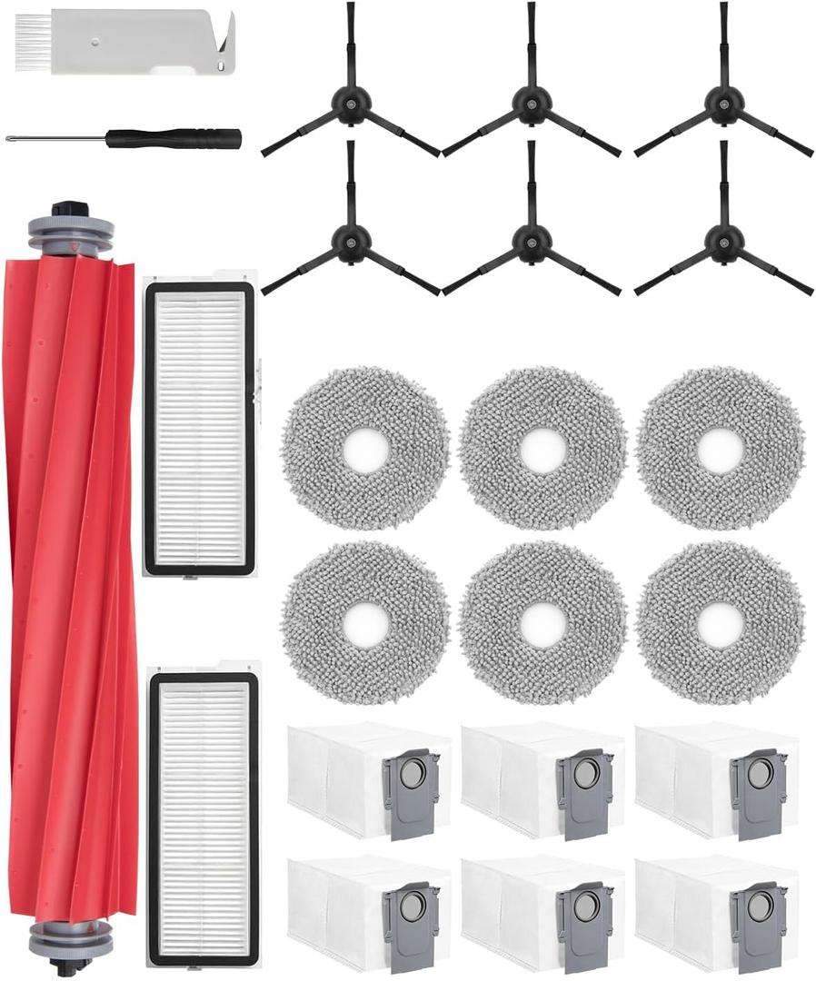 23Pack Qrevo Accessories Kit for Roborock Qrevo S, Qrevo Pro, Qrevo MaxV,Qrevo Plus Robot Vacuum Replacement Parts,1Main Brush,6Mop Pads,6Black Side Brushes,6Dust Bags, 2Filter,2Cleaning Tool