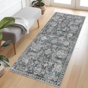 Washable Area Rugs - Perfect for Living Room, Bedroom, Kids Room, Nursery - Stain & Water Resistant Non-Slip, Pet & Child Friendly, Vintage Tribal Area Rugs (Grey and Bule, 2'6'' x 8')