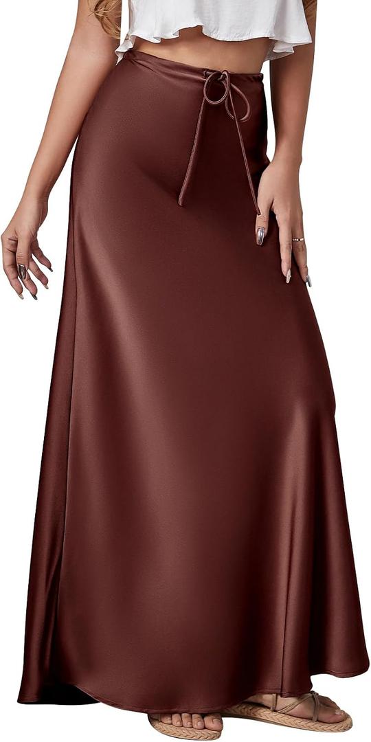Long Silk Skirt Women's Spring Summer Satin Silk High Waist Drawstring Ruffle A Line Maxi Skirt (Brown, L)