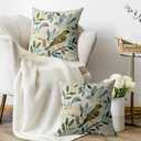 Blue Green Vintage Bird Pillow Covers 18x18 Set of 2, Grey Leaf Print Spring Farmhouse Decorative Throw Pillowcases Outdoor Cushion Cases Rustic Neutral Home Decor for Sofa Couch Bed