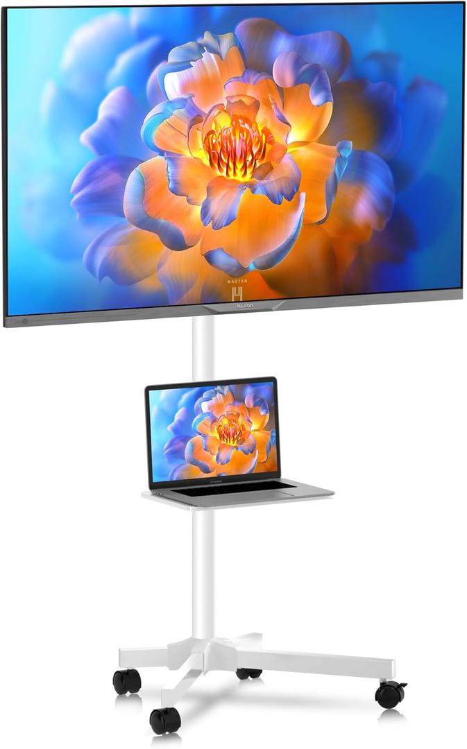 Mobile TV Carts on Wheels for 21-60 Inch Flat/Curved Panel Screens TVs - Height Adjustable Floor Trolley Stand with Shelf Holds up to 77lbs - Max VESA 400x400mm, White (White High Quality)