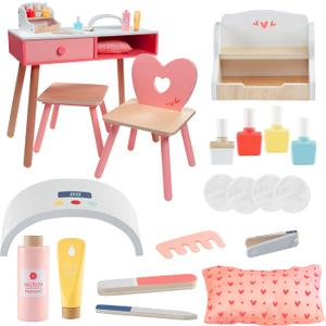 Pretend Nail Salon Wooden Play Set- Glam & Glow Full Playset Includes Nail Polishes, Beauty Caddy, File, Dryer Chair & Stool- Mess-Free Girls Fun Mani Pedi Manicure Care, Kids Indoor Activity Center