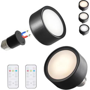 Vitnucrol 2 Pack Magnetic Battery Operated Light Bulbs with Remote Control, Black Cordless LED Puck Lights, Wireless Dimmable E26 Screw in AA Battery Power Bulbs for Non Electric Lamps