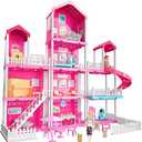 Pink Villa Playset for Girls Ages 3-7, 4-Story 10-Room House with 2 Dolls, Furniture & Accessories, Pretend Play Toddler Toy, Birthday Gifts for Kids 3-8