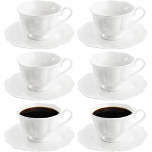 Jucoan Set of 6 Porcelain Tea Cups and Saucers, Bone China Tea Cup Set, 6 oz White Tea Cup Set, Coffee Cups, Espresso Cups, British Tea Cups Gift for Wedding Bridal Shower Birthday Party