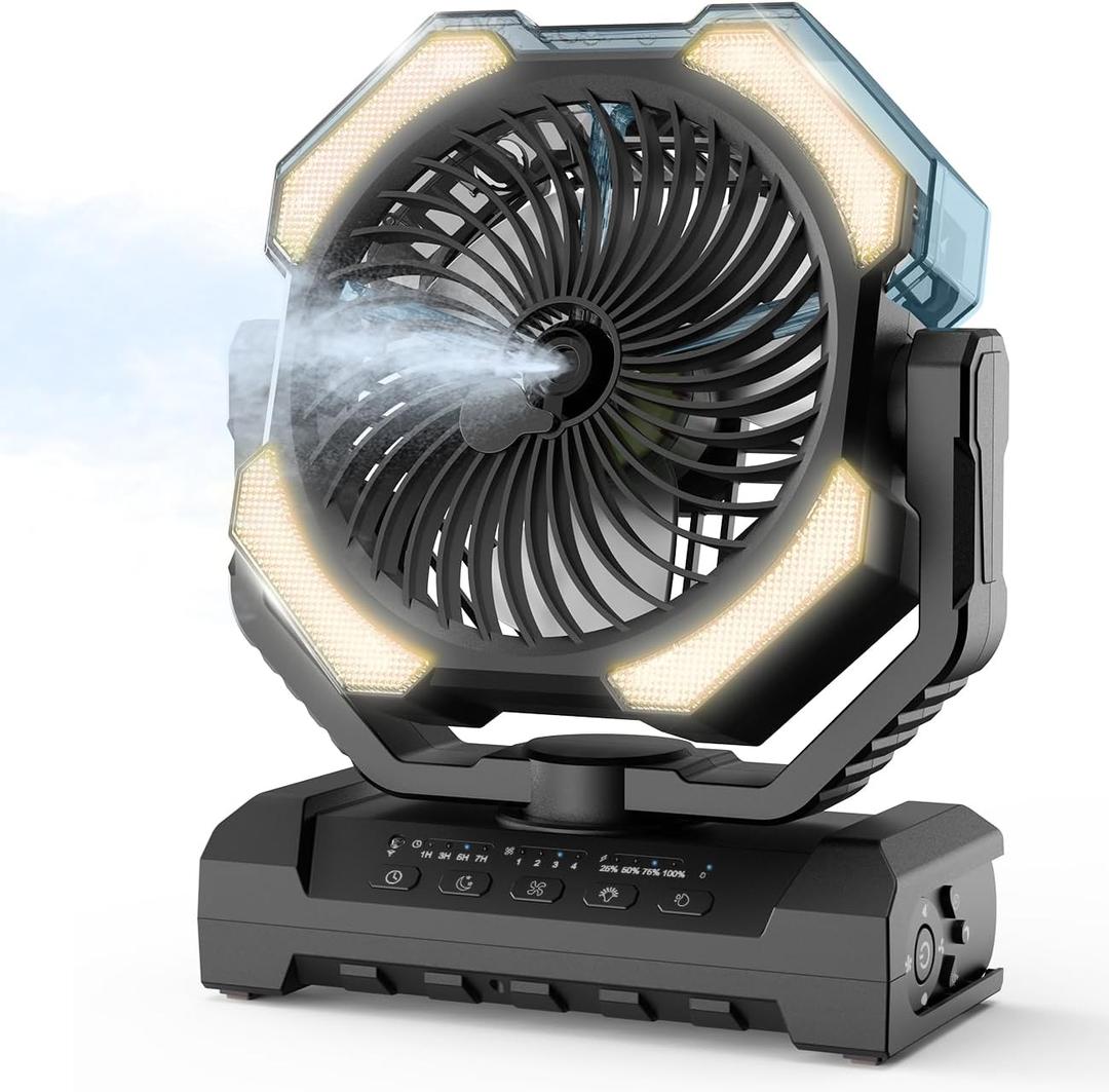 Camping Misting Fan - Portable Battery Powered Fans with 9oz Water Tank, Light, Hook - Rechargeable, 120H Cooling, Last 5H Mist, 4 Speed, Sleep Mode - Outdoor Fan, Travel Essentials (Black)