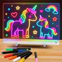 Rechargeable LED Drawing Board for Kids, 13.8 x 10 Dry Erase Board, 4 Modes &7 Colors Glowing Doodle Note Board, Include Hanging Chain, 2 Stands, 8 Markers, Spray Bottle, Cleaning Cloth, Girls Gifts (White)
