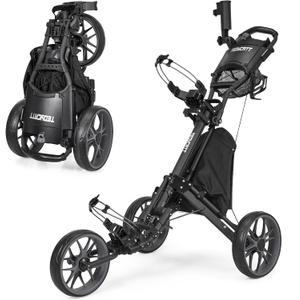 3 Wheel Golf Push Cart: Lightweight Golf Walking Cart, Compact Folding Golf Trolley, with Phone Holder, Foot Brake, Cup, Umbrella Holder, Cooler, Gray