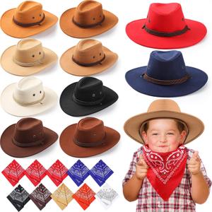 Unittype 20 Pcs Western Cowboy Hats Set Kids Cowboy Themed Party Felt Bandanna Hat with Paisley Bulk for Birthday Costume (Multi Colors)