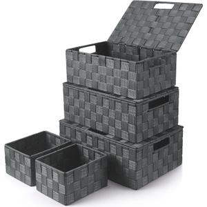 Storage Bins with Lids, Woven Storage Box Organizer Containers Decorative Baskets Cube for Clothes Bedroom Closet Office (5 Pack, Grey)