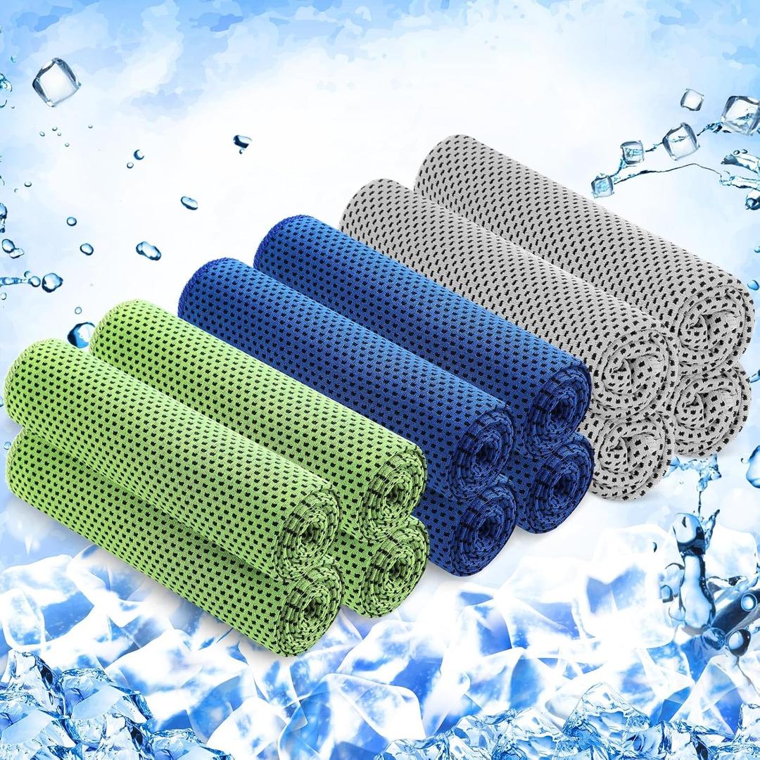Hosuly 12 Pieces Cooling Towels for Hot Weather Soft Breathable Cold Towel Yoga Towels for Sweat, Sports, Workout, Fitness, Gym, Running, Travel Camping, 12 x 40 Inch (Dark Blue, Light Gray, Green)