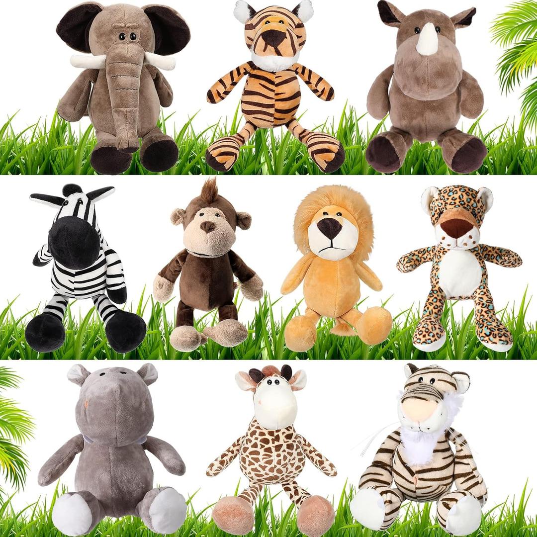 HyDren 10 Pcs Safari Stuffed Animals Plush Jungle Animal Toys for Girls Boys, Elephant Giraffe Lion Tiger Monkey Rhinoceros Zebra White Tiger Leopard Hippo for School Achievement Award