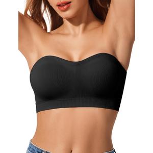 Push Up Strapless Bras for Women Supportive Bandeau Bra Non Slip Wireless No Underwire Padded Tube Bra (Large, Black)