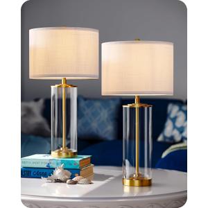 EDISHINE 23.6IN Glass Table Lamp DIY Fillable Base, White Linen Lampshade Table Lamp Set of 2, Tall Bedside Lamp for Living Room Bedrooms Bedside, Rotary Switch, UL Listed