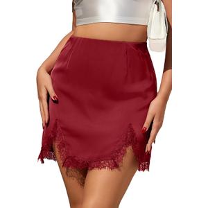 ALCEA ROSEA Women's Satin Mini Lace Trim Split Skirt Split Hem High Waist A-Line Short Bodycon Skirt 7806 (Red, M)