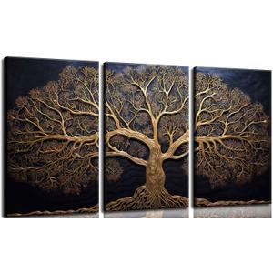 3Pcs Vintage Tree Life Canvas Wall Art Abstract Gold Tree Painting Decor Pictures Moody Modern Dark Plants Tree of Life Posters Prints for Living Room Bathroom Bedroom Decoration No Frames