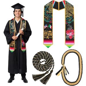 Moucuny 3 Pcs Graduation Stole Set Philippines Mexican Embroidered Country Flag Graduation Sash Stole Royal Blue Honor Cords
