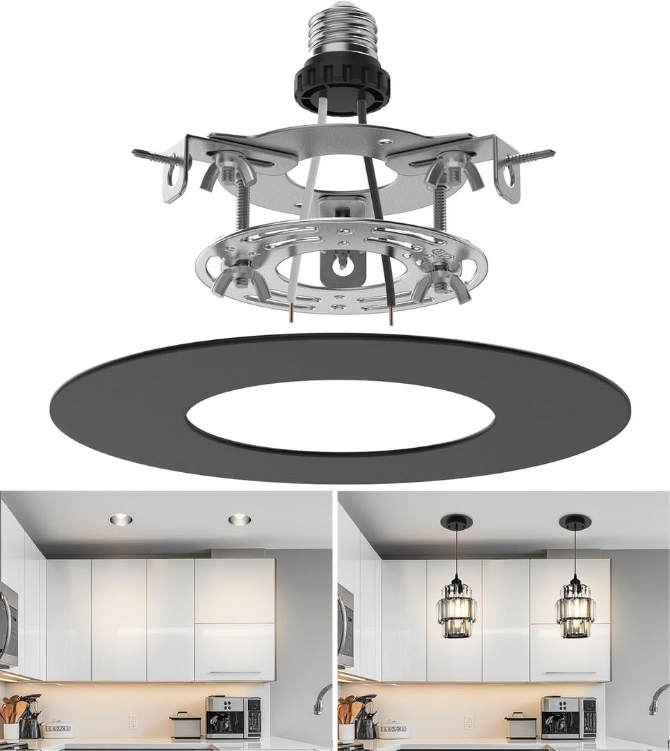 Recessed Can Light Conversion Kit for 5" and 6" Ceiling Fixtures - Pendant/Hanging Light Upgrade, Compatible with Ceiling Fans, Includes 7" Flat Steel Medallion, Black Finish