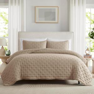 WDCOZY Beige Cloud Queen Size Quilt Set, Tan Lightweight Farmhouse Bedspread, Rustic Country Coverlet, Taupe Camel Soft Bedding, Thin Comforter for All Season - 3 Pieces, 90x90 inches