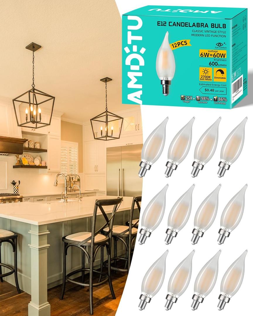 Frosted LED Candelabra Bulb E12 Small Base, 60 Watt Equivalent 2700K Soft White CA10 Candle Dimmable Chandelier Light, Long-Lasting for Cozy Indoor Settings, Perfect for Dining Rooms, Living Rooms