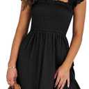 Womens Summer Casual Sleeveless Square Neck Smocked Ruffle Backless Boho Mini Dress 2024 Trendy Short Sundress (Medium, Black)