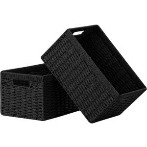 UBBCARE 2 Pack Wicker Basket, 13.4L8.3H7.1W inch Woven Paper Rope Storage Baskets for shelves, Foldable Rectangular Storage Baskets with Handle, Storage Basket for Organizing, Black,2pack Medium