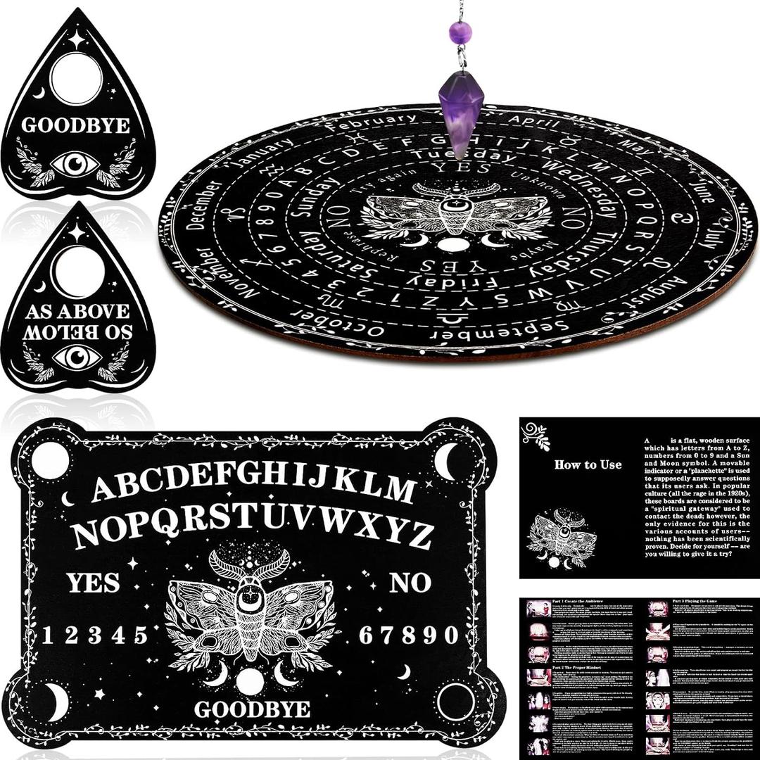 Threan Pendulum Dowsing Divination Board with Amethyst Set Wooden Spirit Talking Board Metaphysical Message Crystal Pendulum Necklace with Planchette for Wiccan Supply(Moth Style)