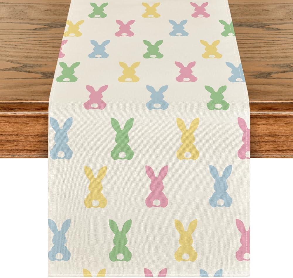 Artoid Mode Green Pink Bunny Rabbit Easter Table Runner, Spring Kitchen Dining Table Decoration for Home Party Decor 13x72 Inch