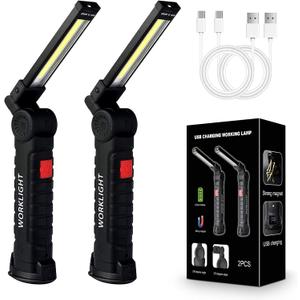 2Pack LED Work Lights, USB Rechargeable COB Light with Magnetic Base 360Rotate and 5 Modes, Folding Flashlight Inspection Mechanic Light for Car Repairing, Workshop, Household and Emergency Use,Large