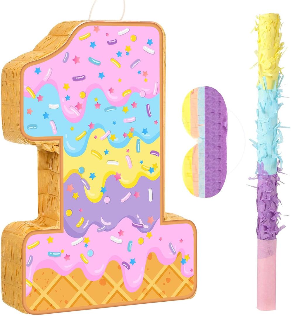 Aoriher Summer Birthday Piata Ice Cream Game Set Summer Number Piata with Bat Stick Blindfold Mask for Sundae Theme Birthday Baby Shower Party Game Supplies Decor(Number 1)