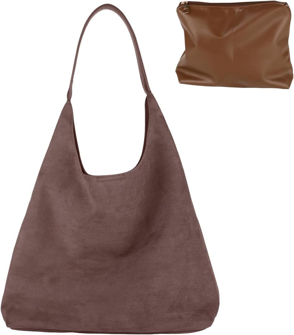 Suede Tote Bag, Brown Slouchy Suede Bags for Womens Tote Bag Work Purses Crescent Bag Suede Handbag Travel Winter Fall (Coffee)