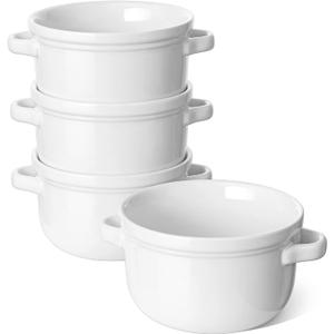 LE TAUCI Soup Bowls With Handles 28 oz, French Onion Soup Bowl for Chili, Beef Stew, Cereal, Ceramic Soup Crocks oven Safe, Microwave Dishwasher Safe - 5.5 inch, Set of 4, White