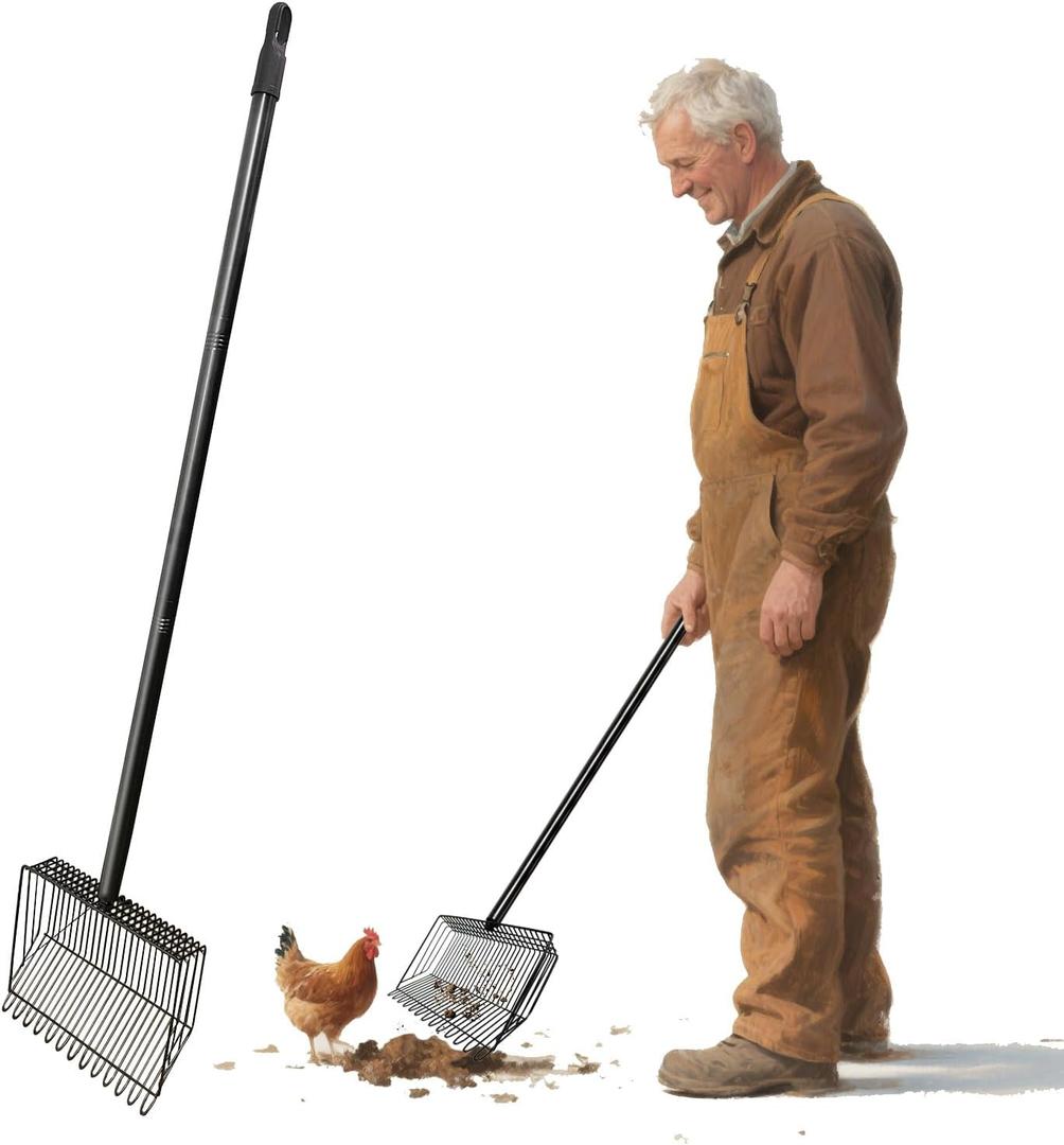 Chicken Poop Scooper & Rake 2-in-1, Stainless Steel Chicken Coop Scoop with Adjustable Handle, Litter Scooper Sand Sifting Shovel for Chicken Coops & Pet Waste Cleaning