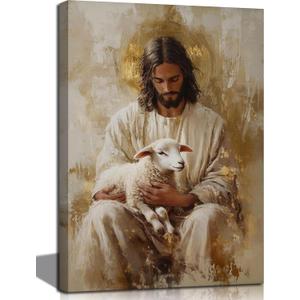 Jesus and Lamb Canvas Wall Art Abstract Christian Poster Prints Bible Stories Picture Artwork Wall Decor for Bedroom Living Room Prayer Room Church 24x16in Framed