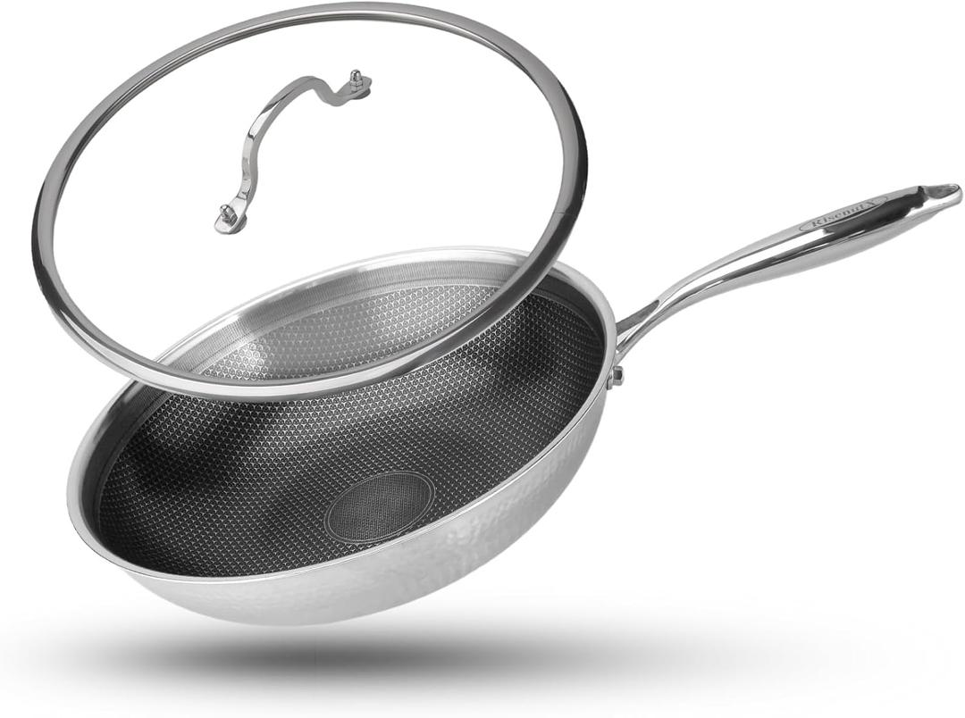 Hybrid Wok, 13 inch Wok with lid,Stainless Steel woks & Stir-fry pans Non Stick, PFOA Free Cookware, Dishwasher and Oven Safe, Compatible With Induction