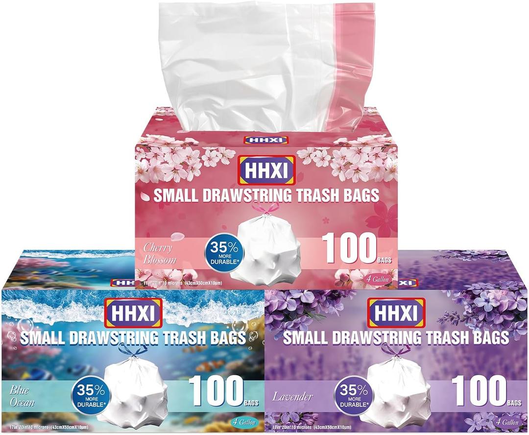 300Ct 4 Gallon Small Trash Bags, Garbage Bags, Scented Trash Bags, Odor Resistant with Drawstring, Blue Ocean & Lavender & Cherry Blossom