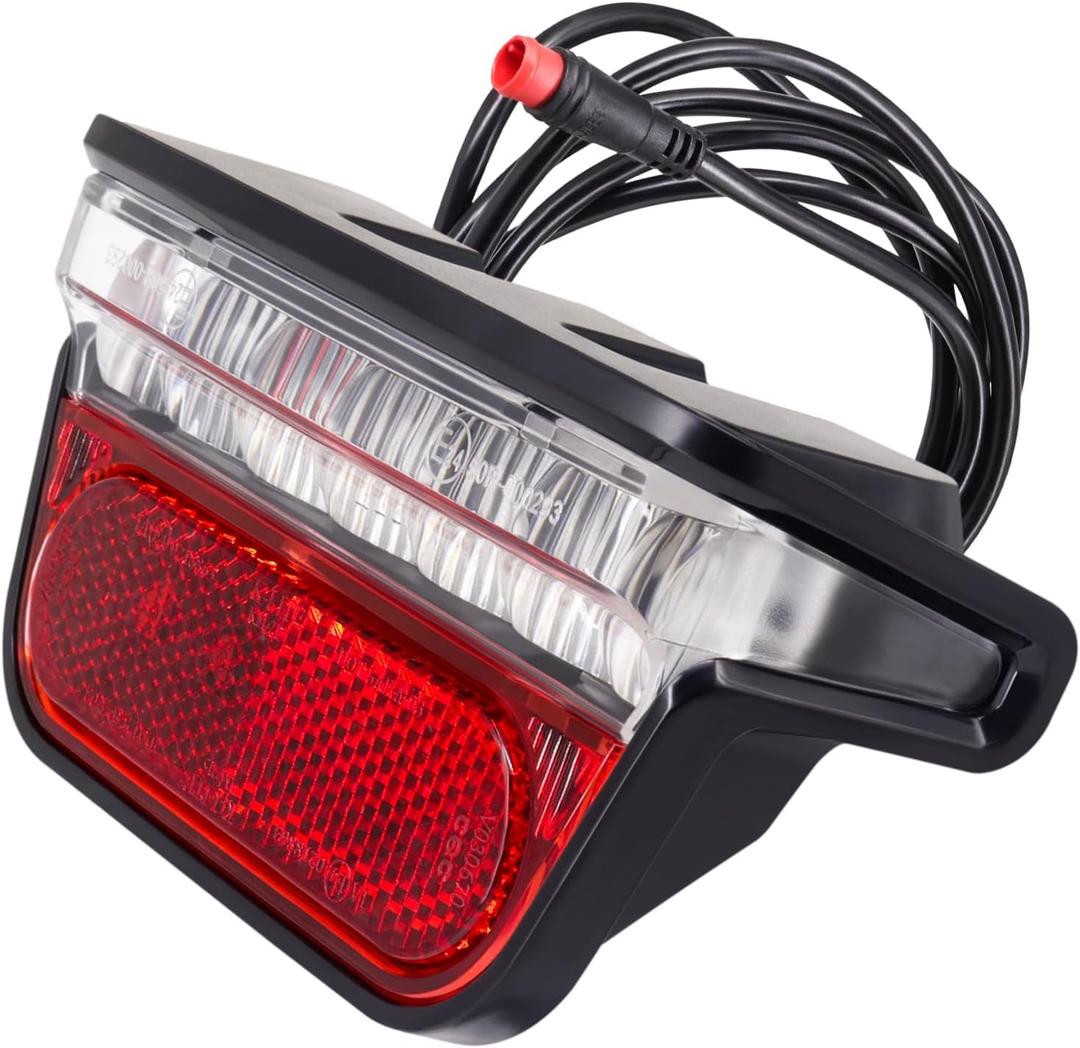Flash Ebike Taillight 220° Wide Visibility, Fits for Rack Holes 50mm, Electric Bike Rear Light 6V-48V with SM/Waterproof Connector