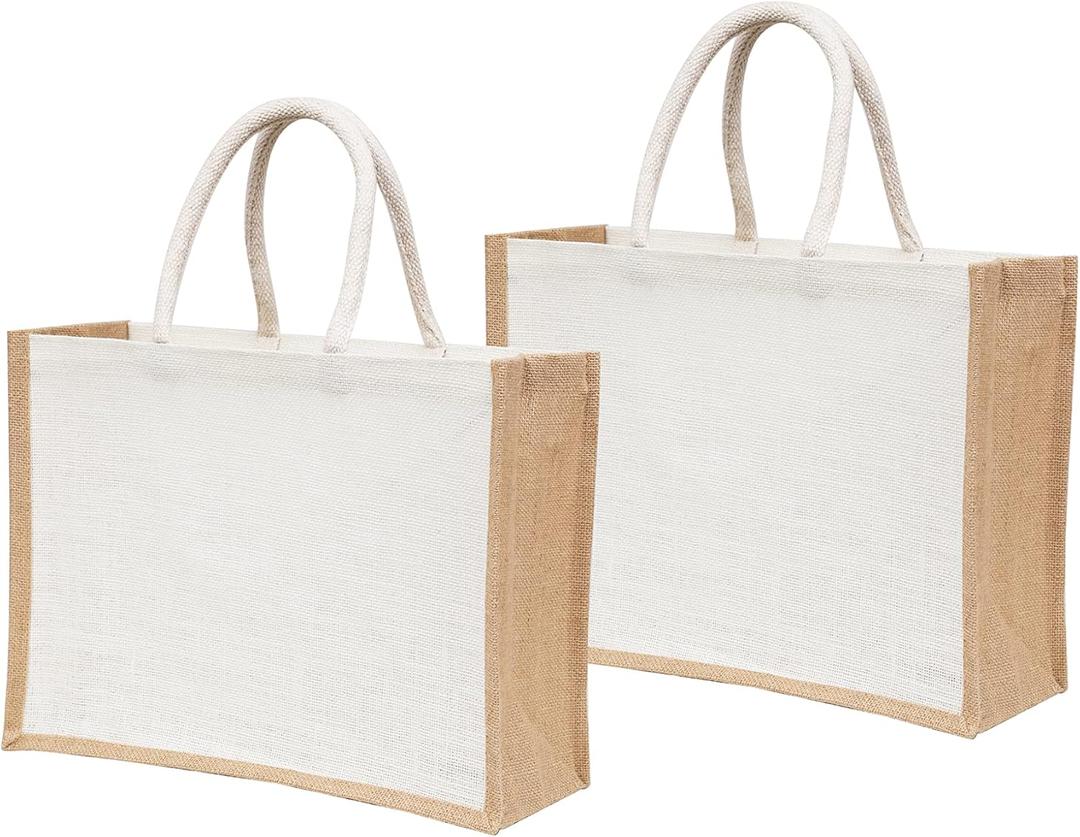 2 Pack Large Jute Tote Bags with Handles 15.8"x11.9"x5.9", Reusable Burlap Gift Bags for Shopping, Beach, Weddings & Return Gift Bag