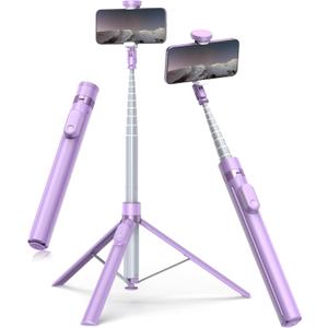 TONEOF 66" Automatic Tripod, Auto-Open Phone Tripod Stand with Magnetic Rechargeable Remote, Selfie Stick Tripod 360 Vertical & Horizontal Rotatable, Stable Travel Tripod for iPhone/Android(Purple)