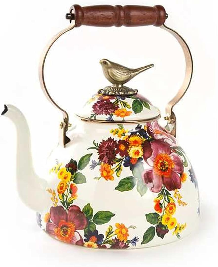 MACKENZIE-CHILDS Enamel Tea Kettle, Cute Kitchen Kettle for Stovetop, 3-Quart Capacity, White Flower Market with Bird Topper (White Flower Market)