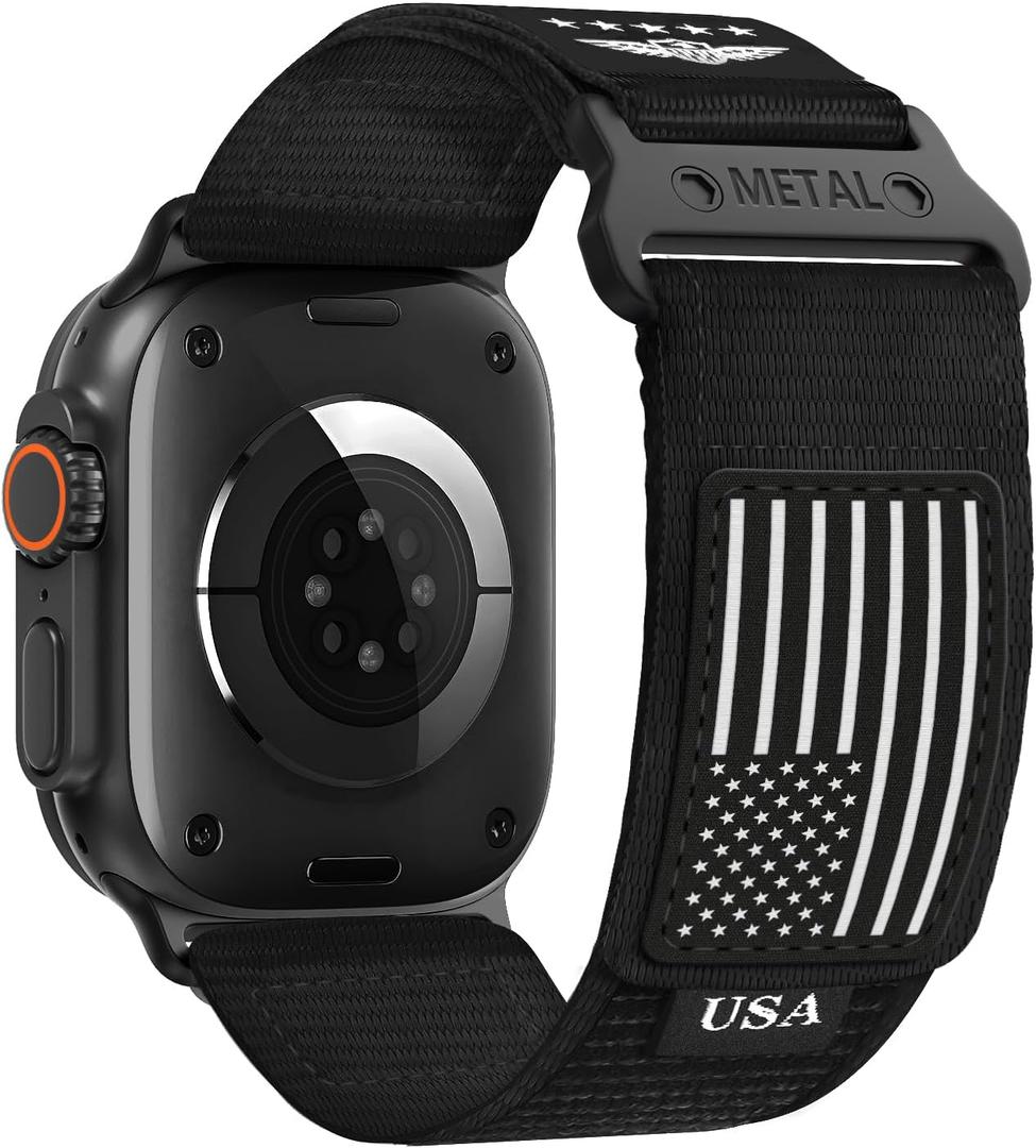 Rugged Nylon for Apple Watch Ultra 2 Band 49mm iWatch Bands 46mm 45mm 44mm 42mm Men,Soft Woven Adjustable Stars-Stripes Flag Wristbands Strap for Apple Watch Ultra Series 10/9/8/7/6/5/4/3/SE/Ultra2 (49/46/45/44/42(S3/2/1), 2-USA Flag-Black)