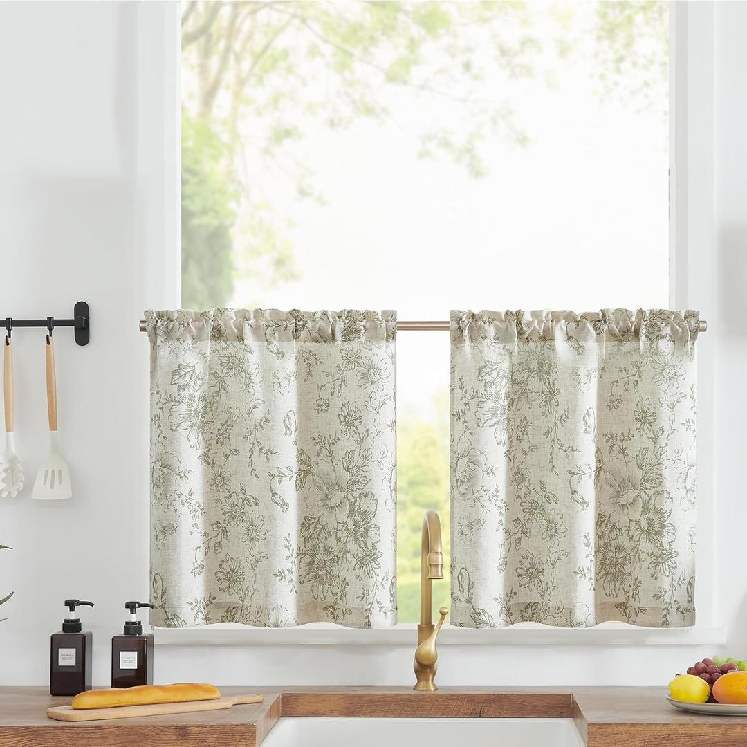 jinchan Floral Linen Tier Curtains Floral Sage on Beige Cafe Curtains 24 Inch Length Kitchen Living Room Bedroom Bathroom Farmhouse Rustic Country Rod Pocket 2 Panels