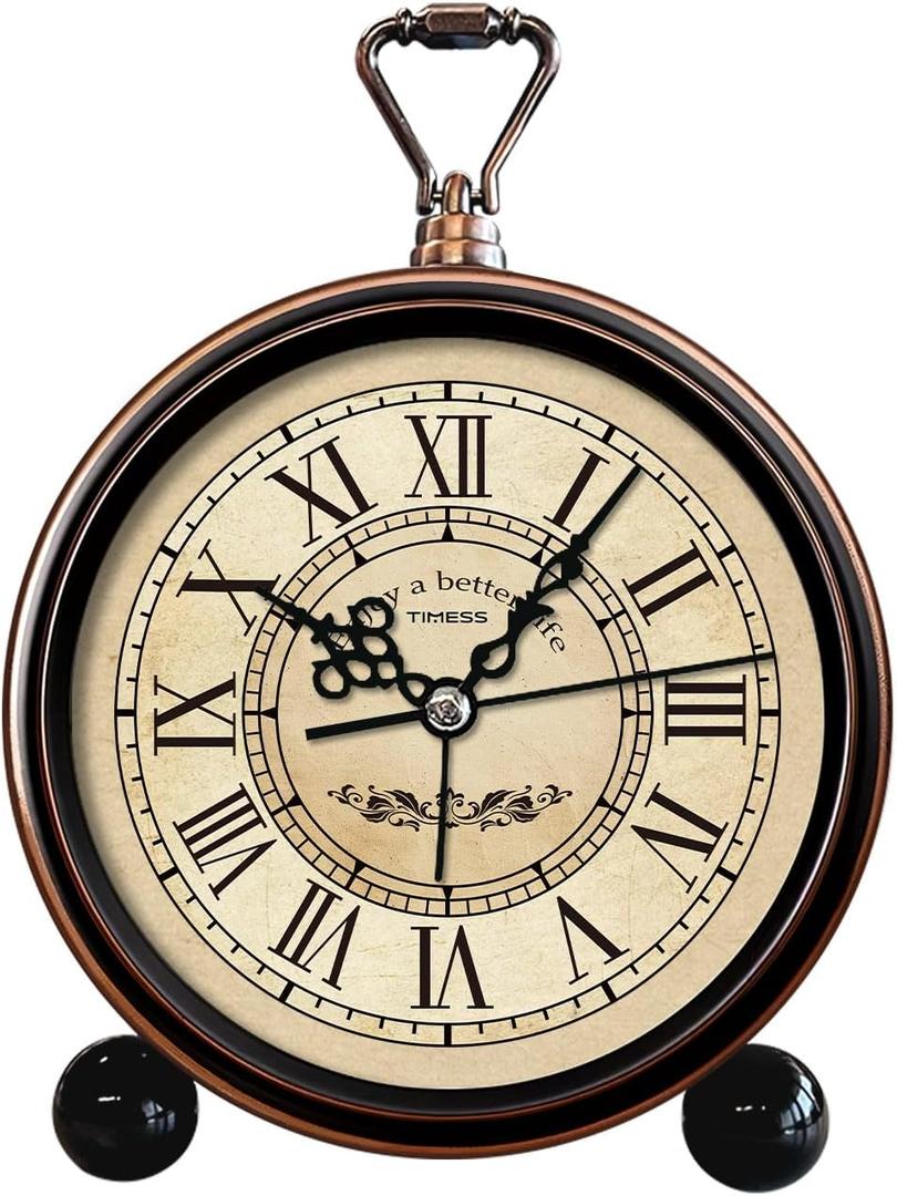 TIMESS Vintage Analog Alarm Clock, 4.3" Silent Non-Ticking Quartz Desk Clock with Roman Numerals, Battery Operated Table Clock for Bedroom, Living Room, Office, or Gift (White) (Brown)