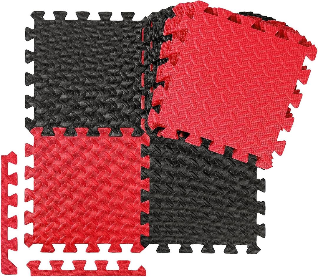 Ecally 100 Pcs 12 x 12 Gym Mat Foam Floor Mats for Home Gym Covers 96 Sq Ft Puzzle Exercise Square Interlocking Carpet Tiles with Border for Workouts Equipment Yoga Pilates (Black, Red)